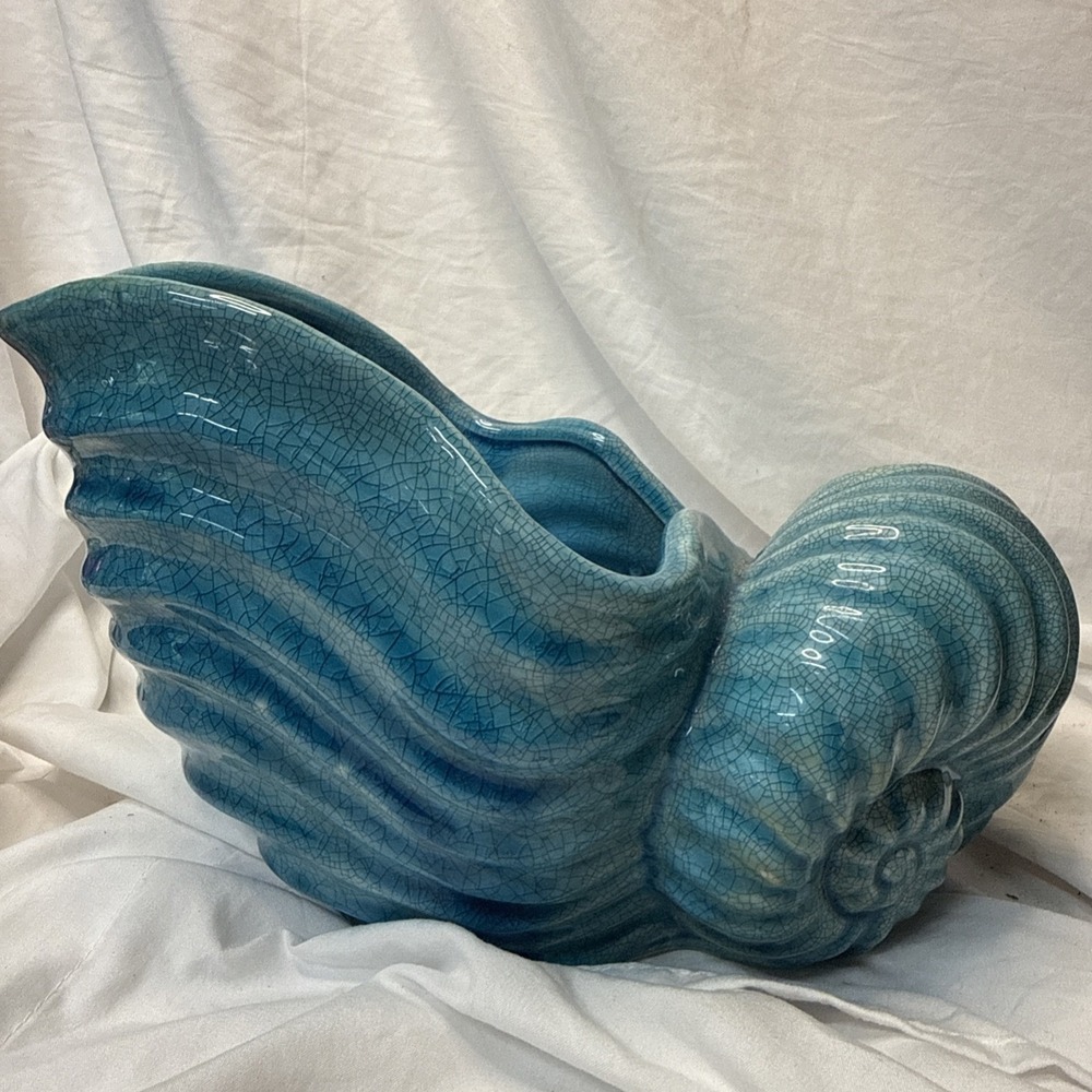 VTG Seashell Nautilus Ceramic Planter Art Pottery Turquoise Crazed Teal Coastal